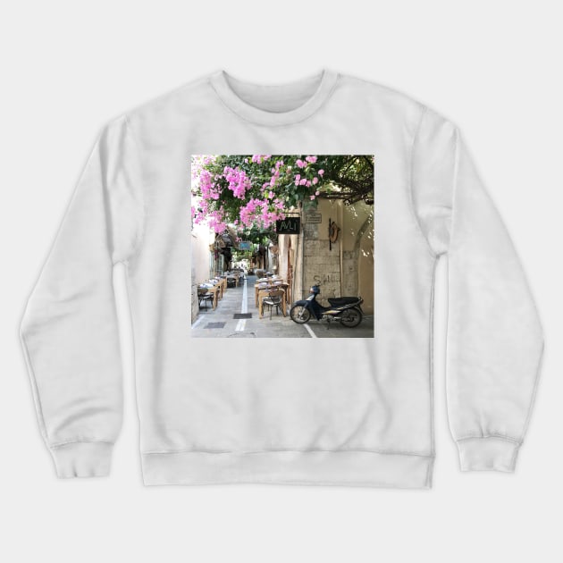 Greek street with pink blossom Crewneck Sweatshirt by Melissa Peltenburg Travel Photography